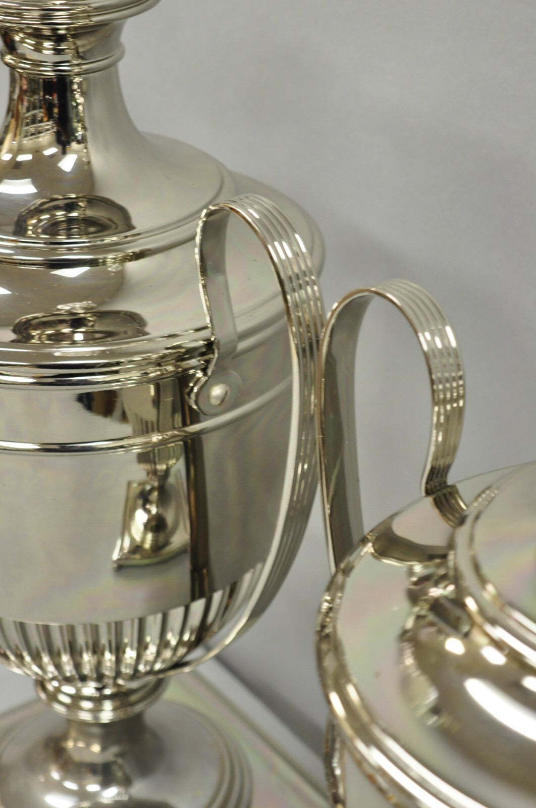 English Regency Style French Empire Silver Plated Large Urn Table Lamps - Pair