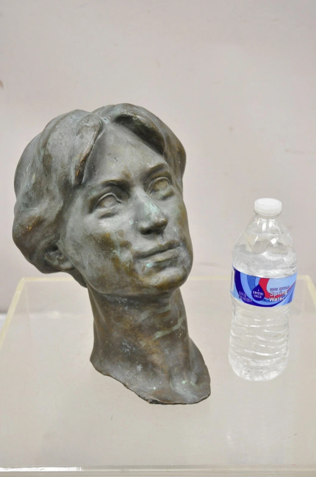 Vintage Patinated Cast Bronze Bust Statue Sculpture of Woman with Pinned Hair