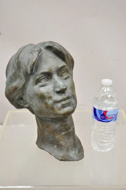 Vintage Patinated Cast Bronze Bust Statue Sculpture of Woman with Pinned Hair