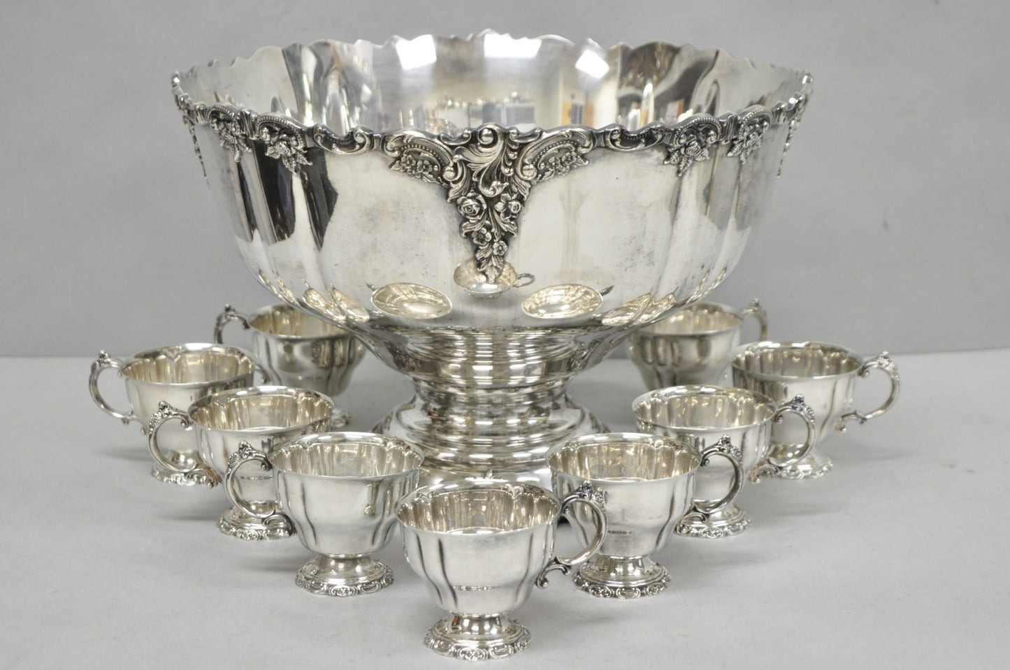 Vintage Baroque by Wallace 252 & 253 Silver Plated Punch Bowl Set w/ 10 Cups