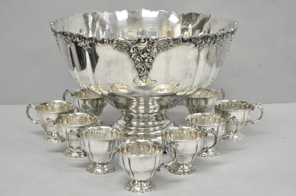 Vintage Baroque by Wallace 252 & 253 Silver Plated Punch Bowl Set w/ 10 Cups