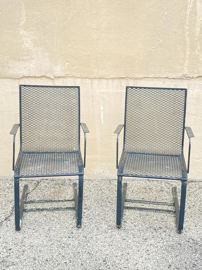 Mid Century Modern Wrought Iron Metal Mesh Cantilever Garden Patio Chair - Pair