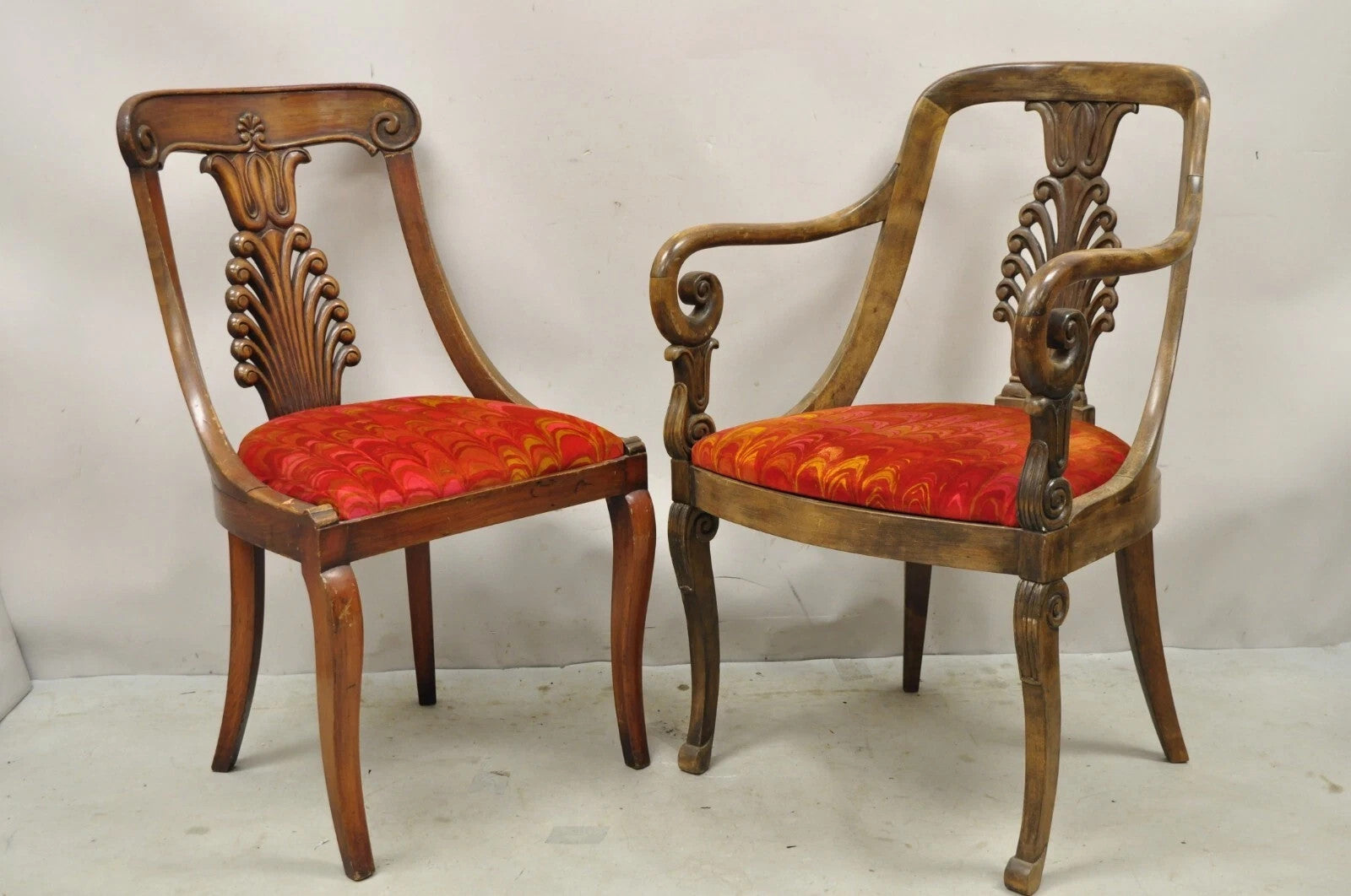 Italian Neoclassical Plume Carved Walnut Saber Leg Dining Chairs - Set of 6