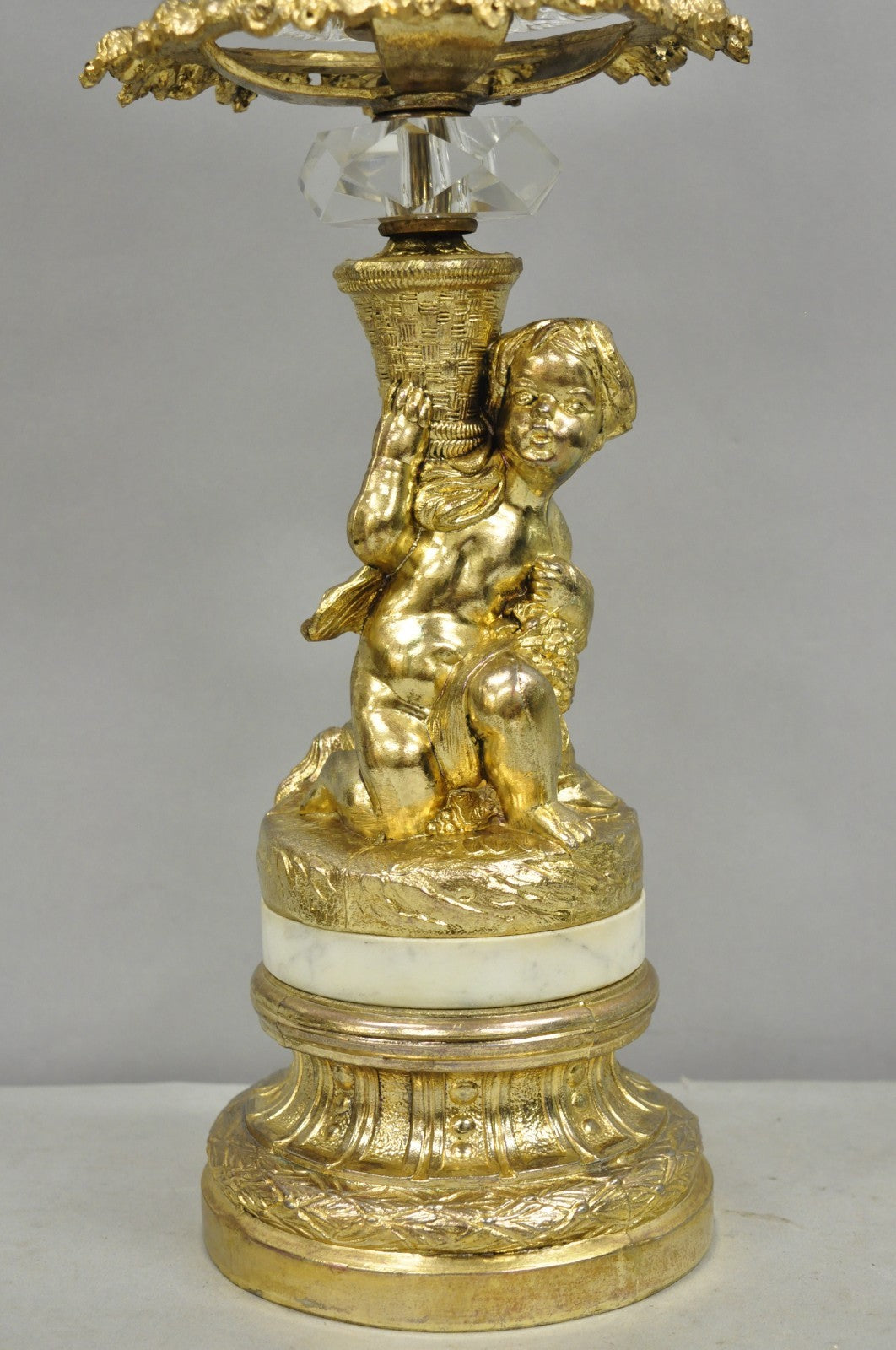 Vintage French Hollywood Regency Gold Cherub Crystal Glass Globe Table Lamp