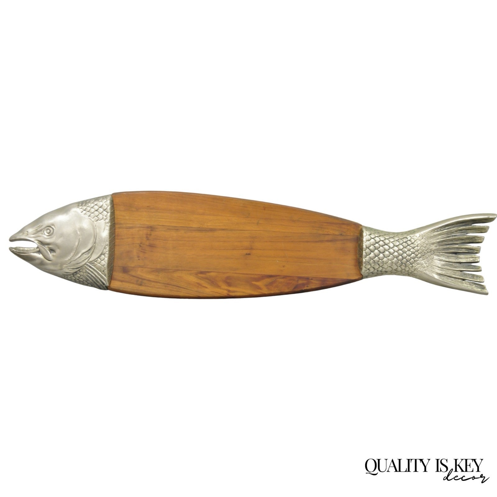 Vintage Mid Century Modern Teak Wood & Metal Fish Serving Platter Cutting Board