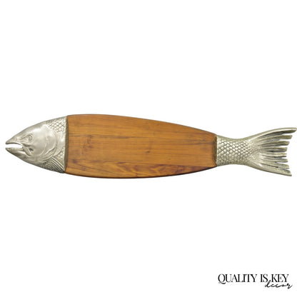 Vintage Mid Century Modern Teak Wood & Metal Fish Serving Platter Cutting Board
