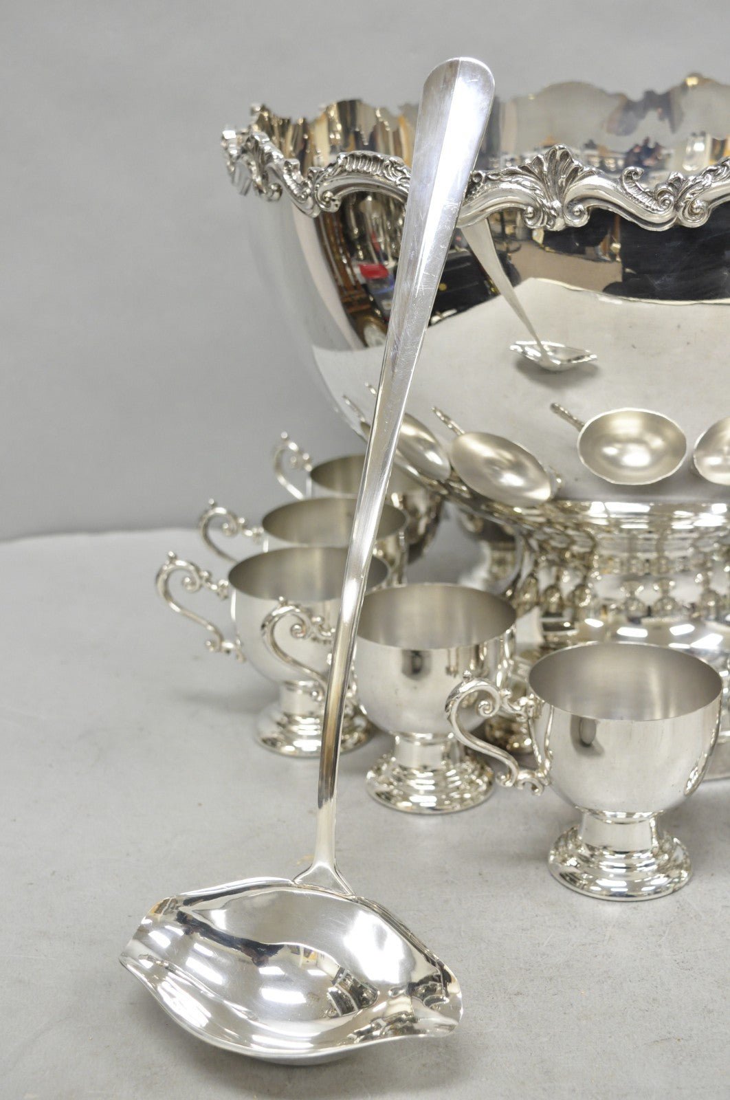 Vintage Large Silver Plated Pedestal Punch Bowl Set w/ 12 Cups - 14 Pc Set