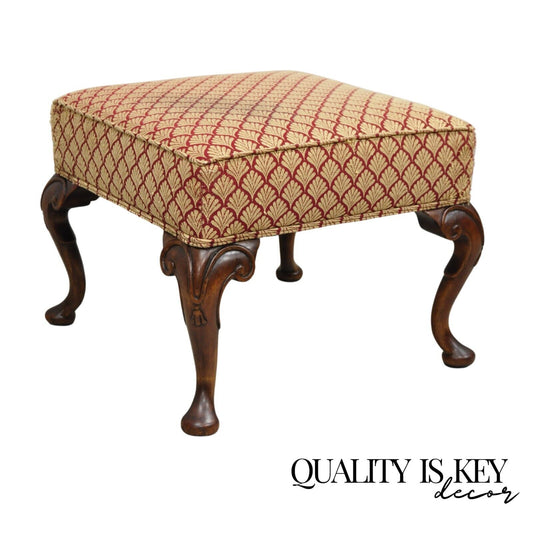 English Queen Anne Style Carved Walnut Square Upholstered Ottoman Footstool