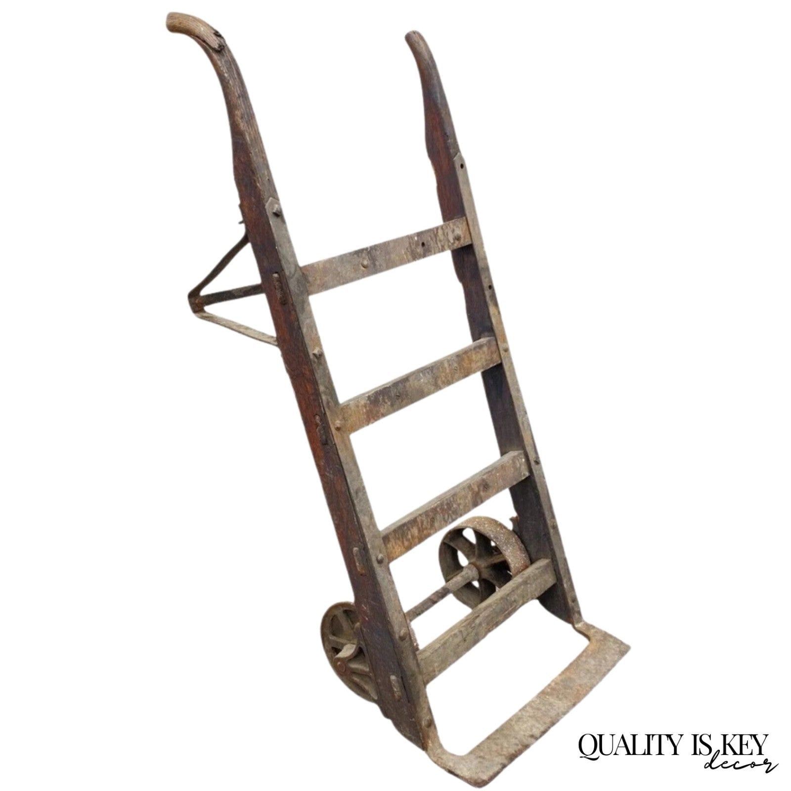 Antique Industrial Vintage Oak Wood and Steel Metal Factory Hand Truck