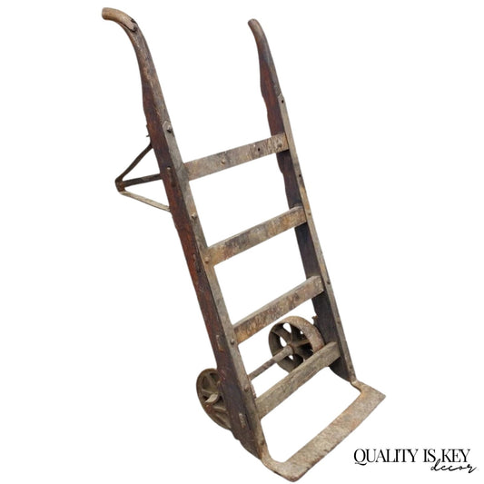 Antique Industrial Vintage Oak Wood and Steel Metal Factory Hand Truck