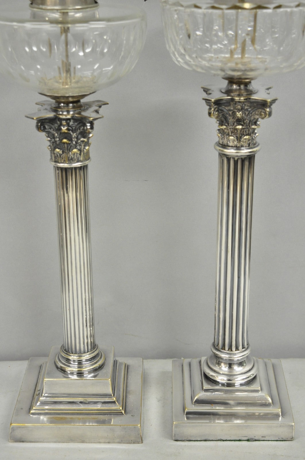 French Empire English Silver Plated Corinthian Column Table Lamp - Near Pair