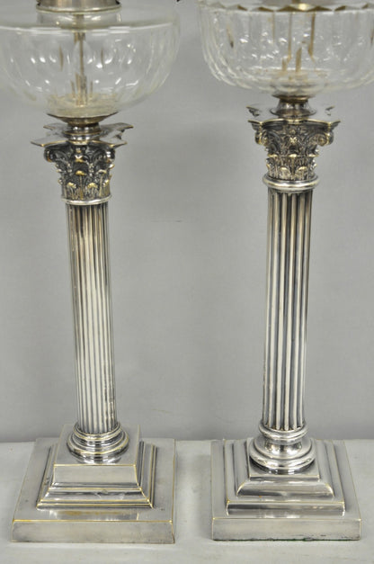 French Empire English Silver Plated Corinthian Column Table Lamp - Near Pair