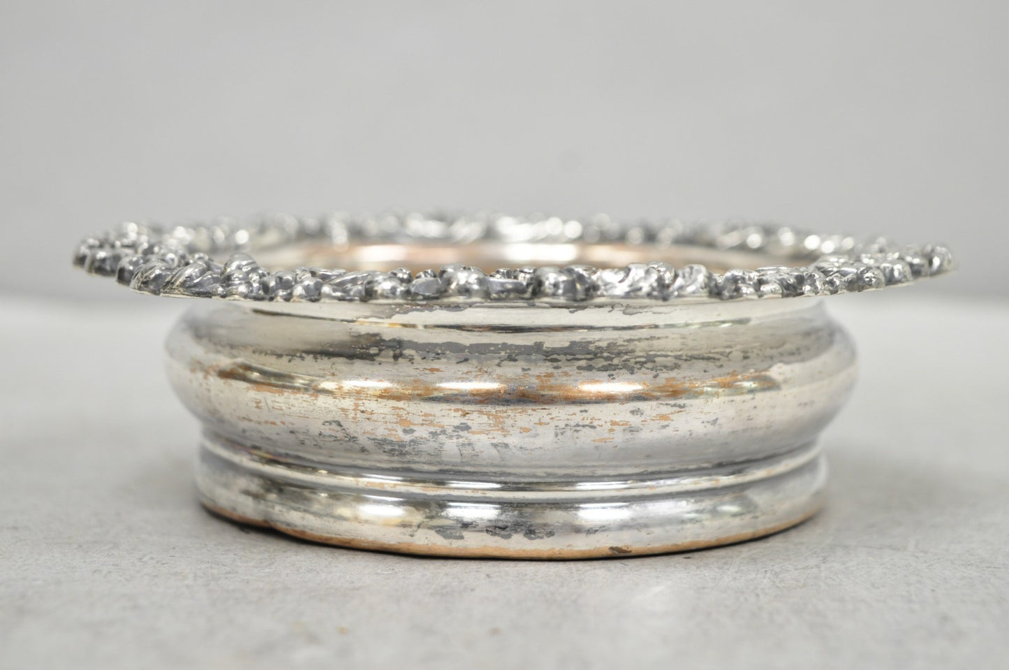 Antique English Victorian Silver Plated Floral Mahogany Bar Wine Bottle Coaster