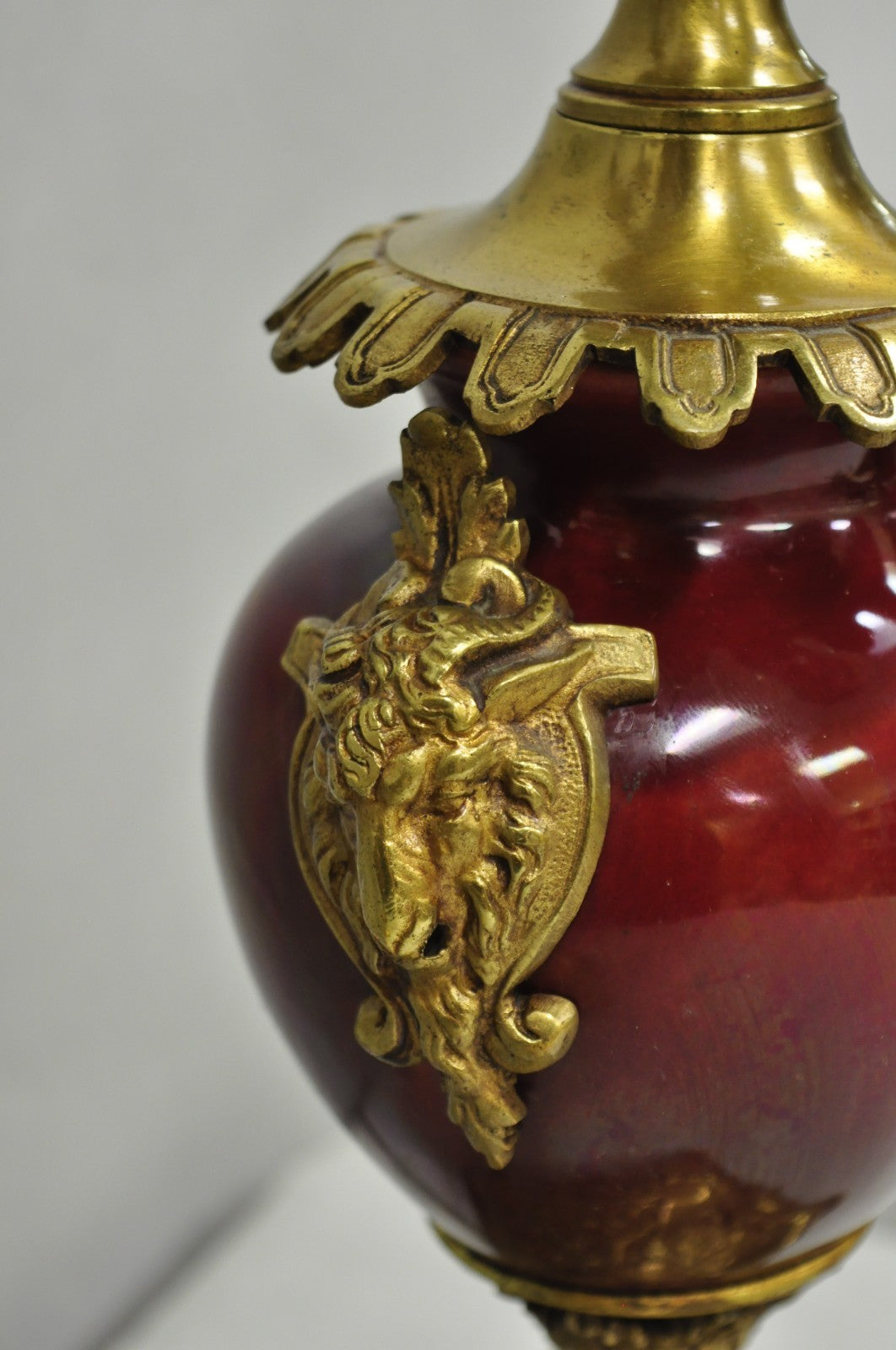 Vintage French Louis XV Style Red Porcelain Brass Candelabra Table Lamps - Pair