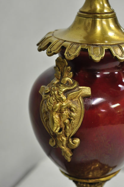 Vintage French Louis XV Style Red Porcelain Brass Candelabra Table Lamps - Pair