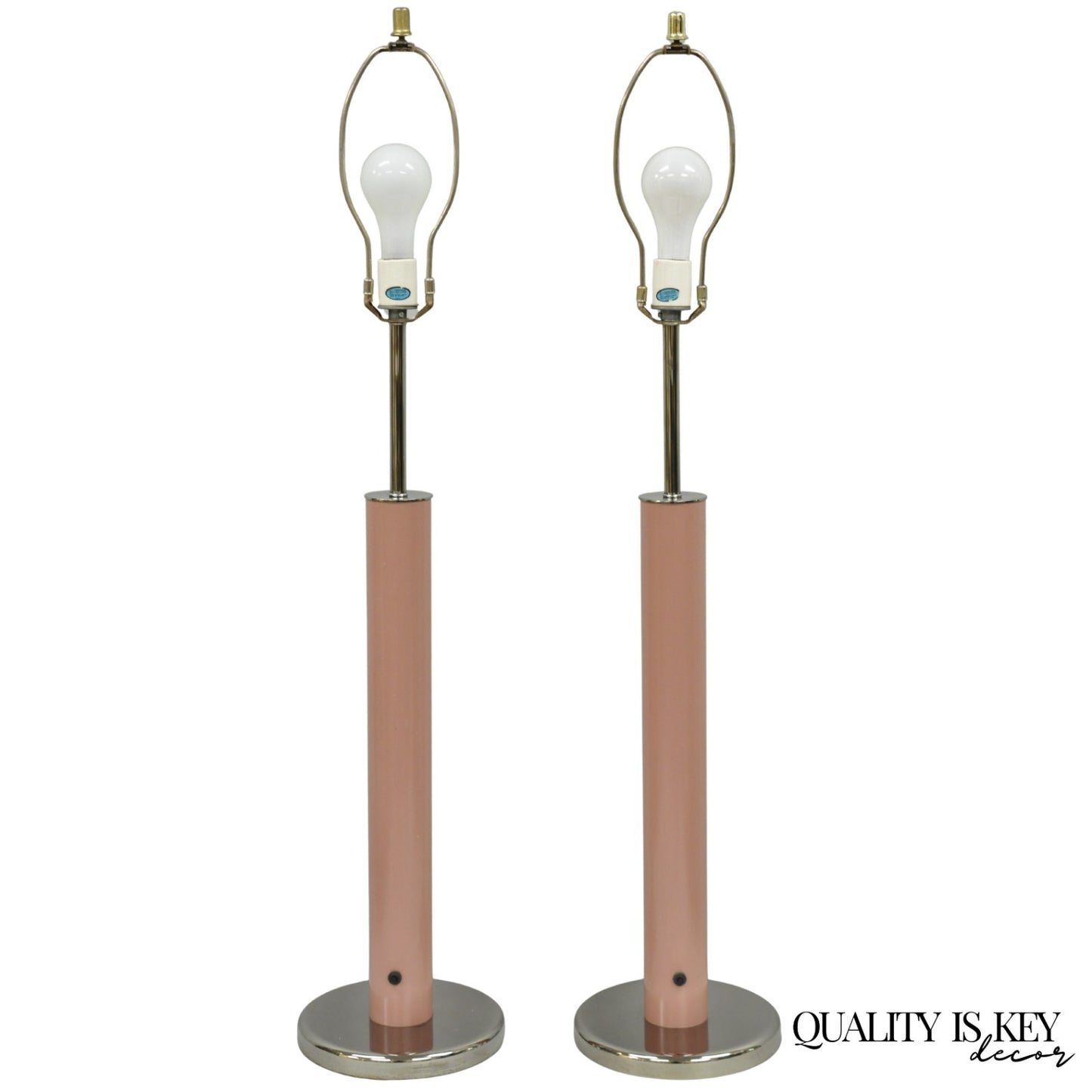 Mid Century Modern Bubble Gum Pink Cylinder Column Chrome Table Lamp - a Pair