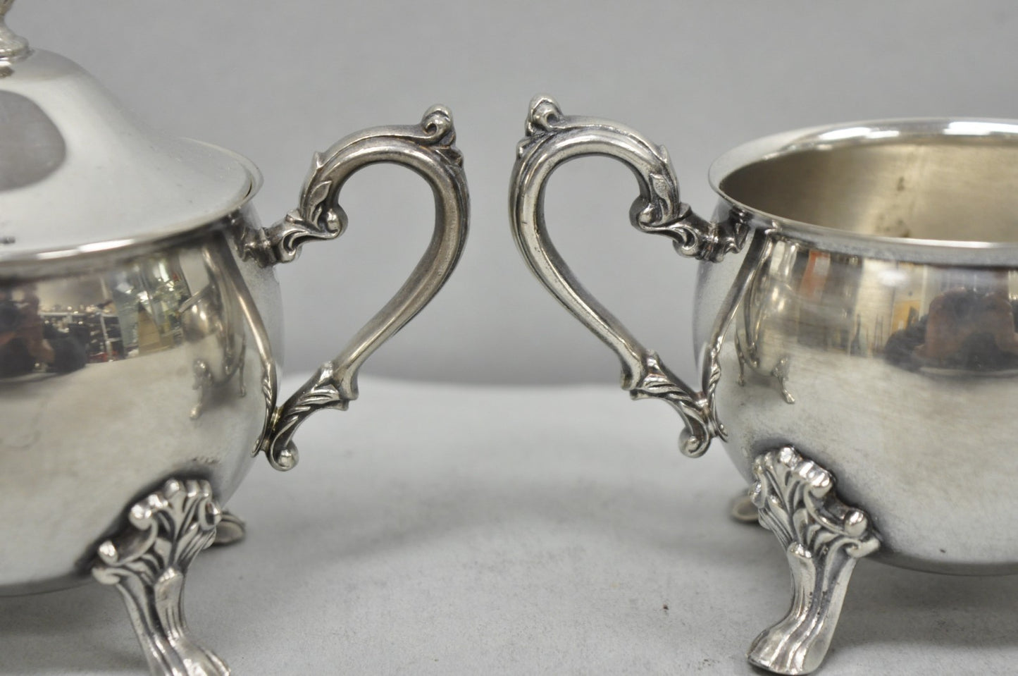 Vintage Sheridan Victorian Silver Plated Footed Lidded Sugar Bowl & Creamer Set