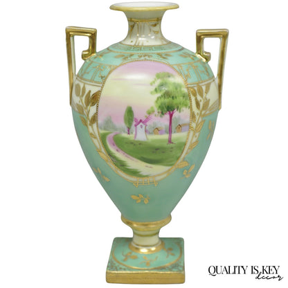 Antique Nippon Hand Painted Porcelain Windmill Scene Green Small Bolted Vase