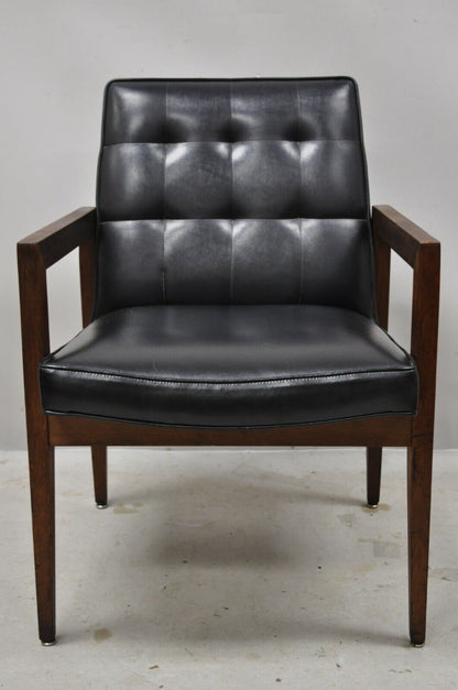 Vintage Mid Century Modern Jens Risom Style Walnut Black Vinyl Lounge Arm Chair