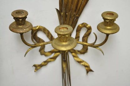 Italian Hollywood Regency Gold Iron Sheaf of Wheat Candle Wall Sconces - a Pair