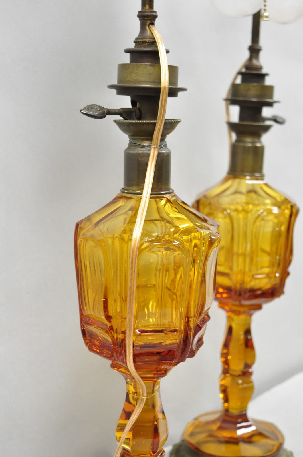 Antique French Victorian Amber Glass & Bronze Converted Oil Lamp Table Lamp Pair