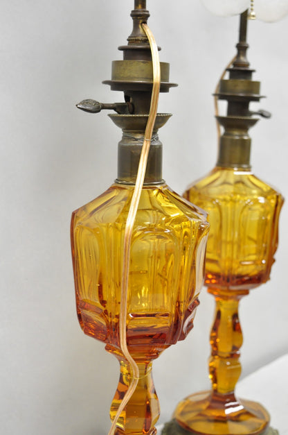 Antique French Victorian Amber Glass & Bronze Converted Oil Lamp Table Lamp Pair