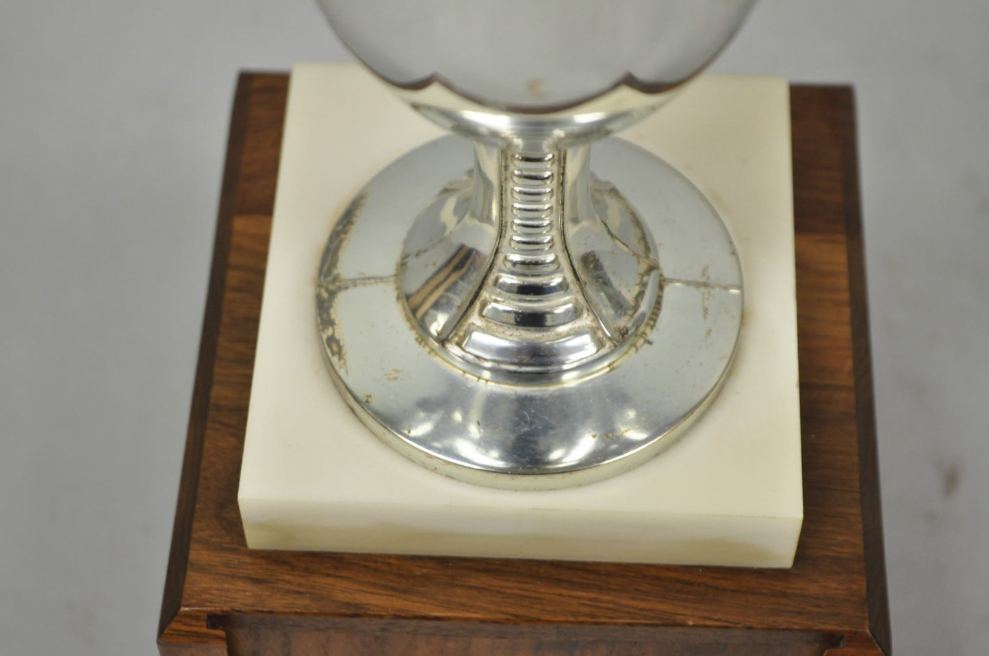 Vintage 1970s Art Deco Silver Metal Marble & Wood Figural Golf Trophy Award Cup