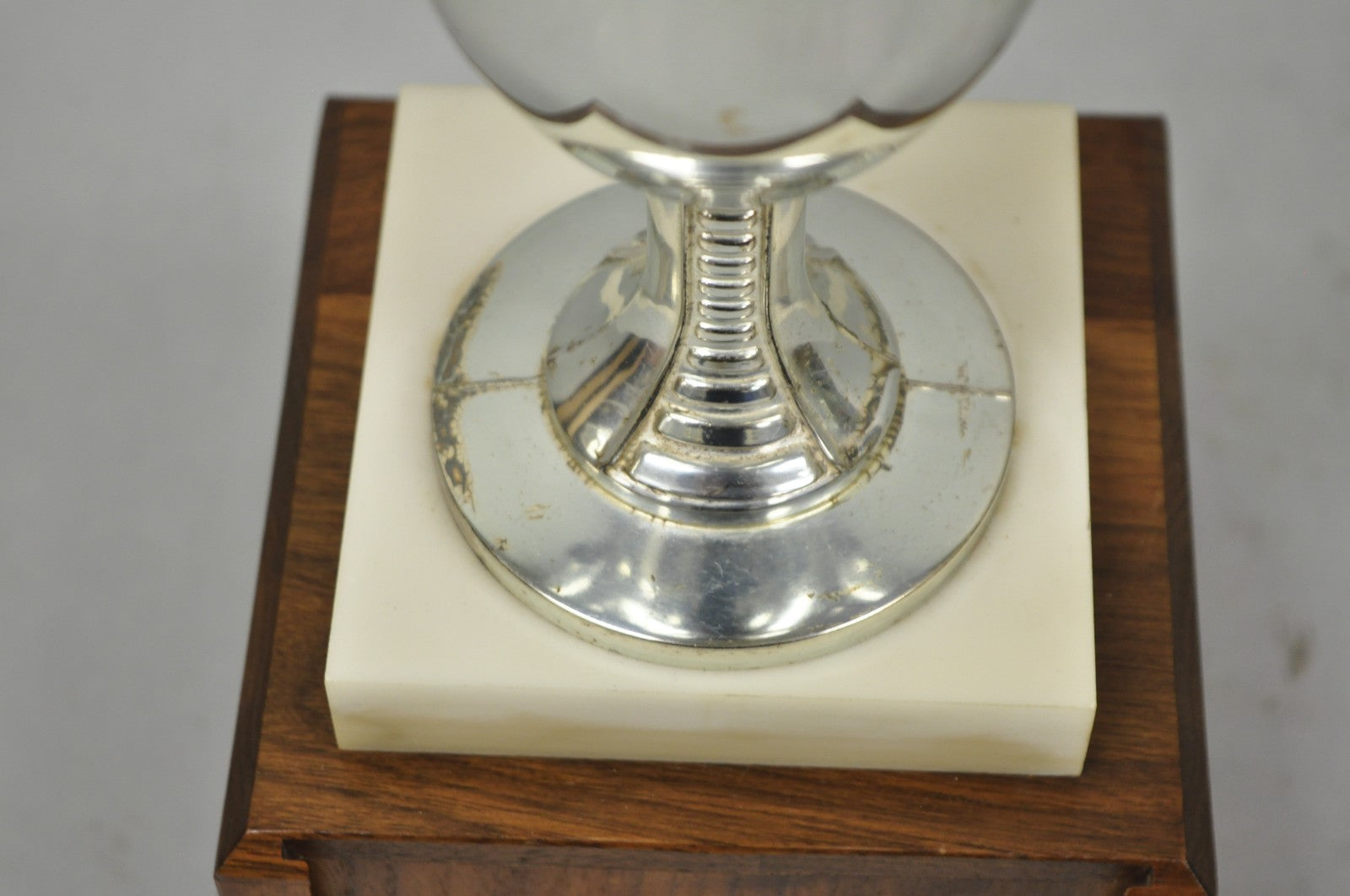 Vintage 1970s Art Deco Silver Metal Marble & Wood Figural Golf Trophy Award Cup