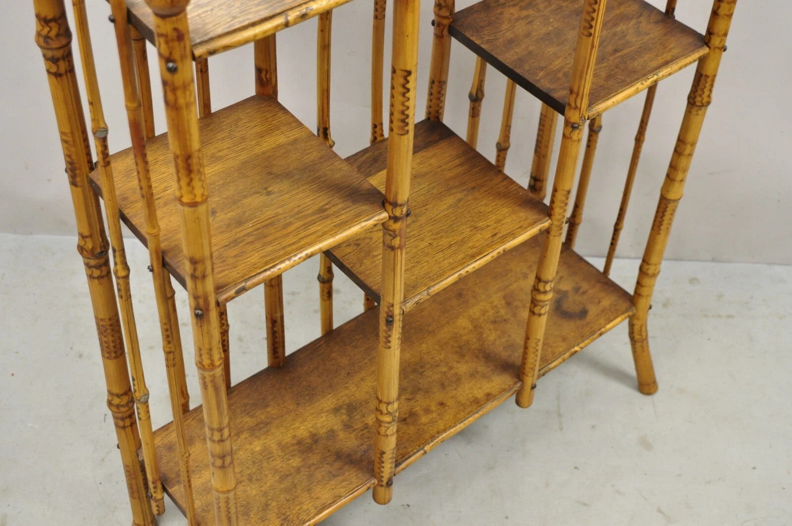 19th C English Victorian Bamboo Stick and Ball Curio Shelf Etagere w/ Mirror