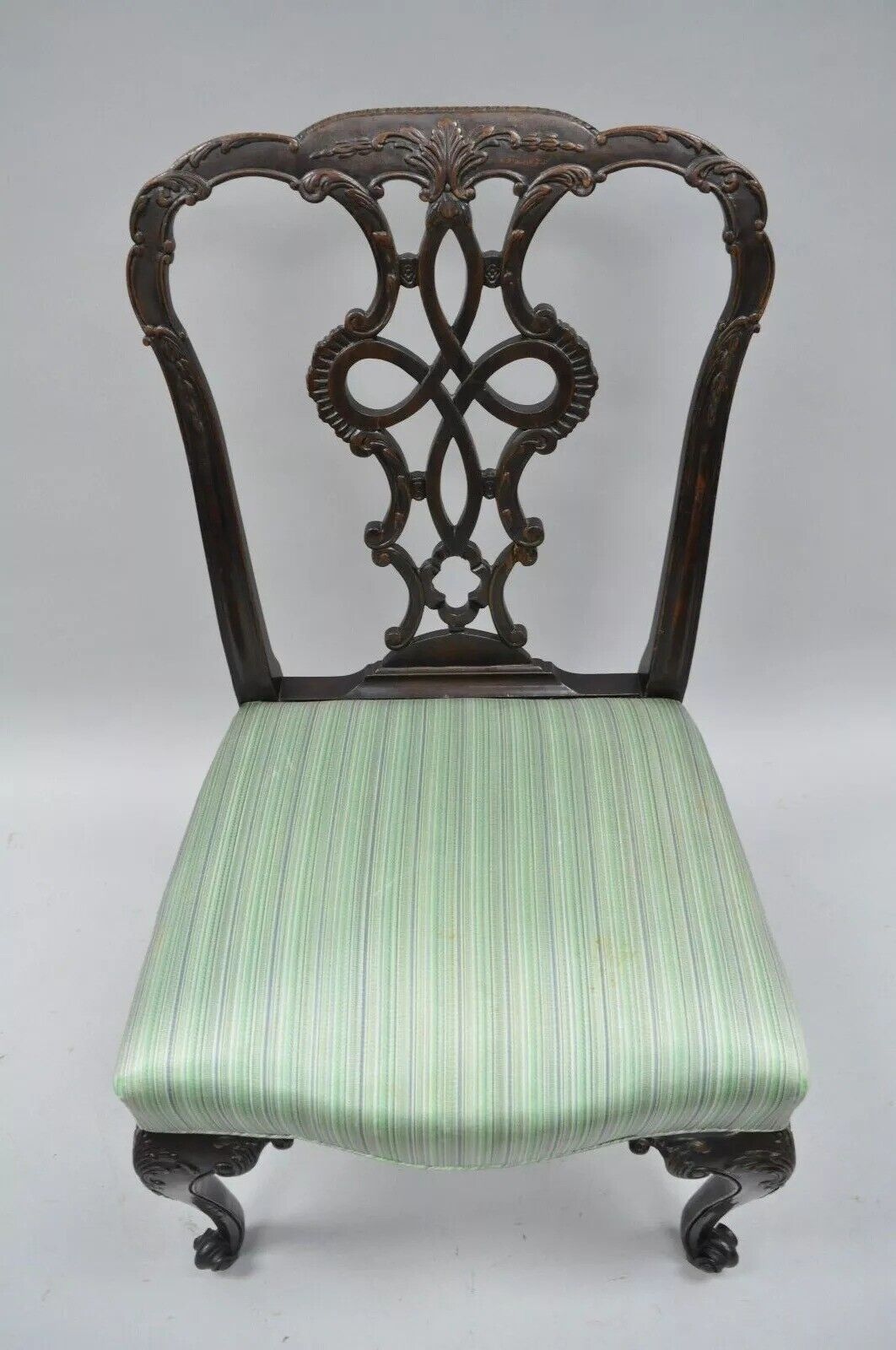 Antique Georgian Style Carved Ribbon Back Solid Mahogany Dining Side Chair (B)
