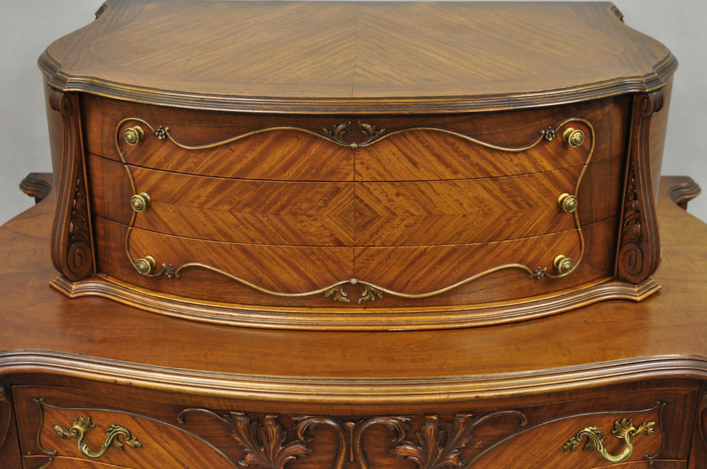 Antique French Louis XV Carved Walnut Satinwood Inlay Highboy Tall Chest Dresser