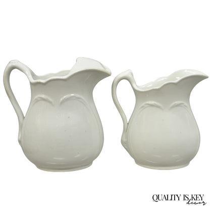 Vintage English Ironstone White Farmhouse Milk Water Pitchers - Set of 2