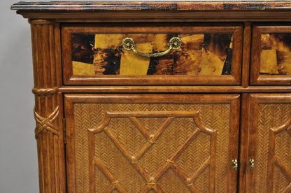 Chinese Chippendale Faux Bamboo Rattan Tortoiseshell Server Buffet Bar Cabinet
