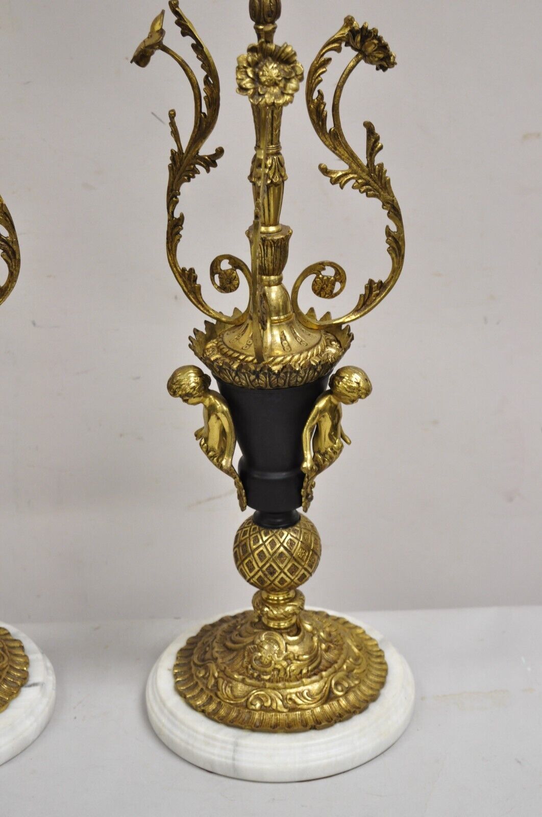 Vintage French Louis XV Brass & Marble Figural Table Lamps w/ Cherubs - a Pair