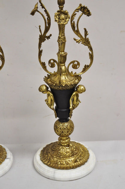 Vintage French Louis XV Brass & Marble Figural Table Lamps w/ Cherubs - a Pair