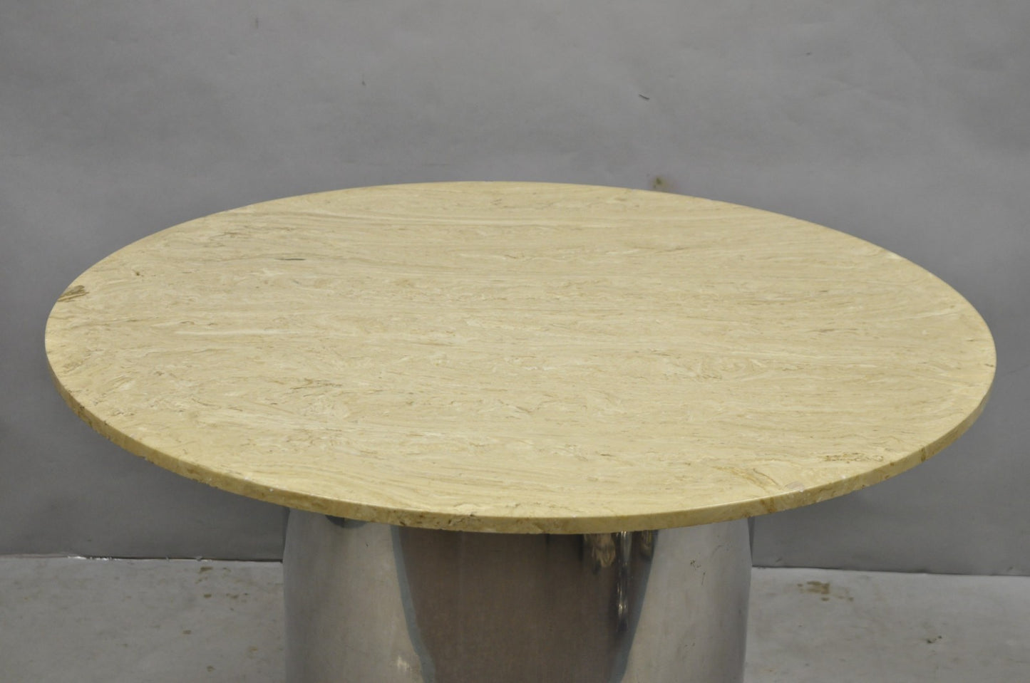 Vintage Mid Century Modern Round Travertine Chrome Steel Pedestal Dining Table