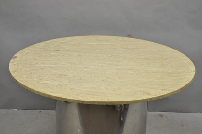 Vintage Mid Century Modern Round Travertine Chrome Steel Pedestal Dining Table