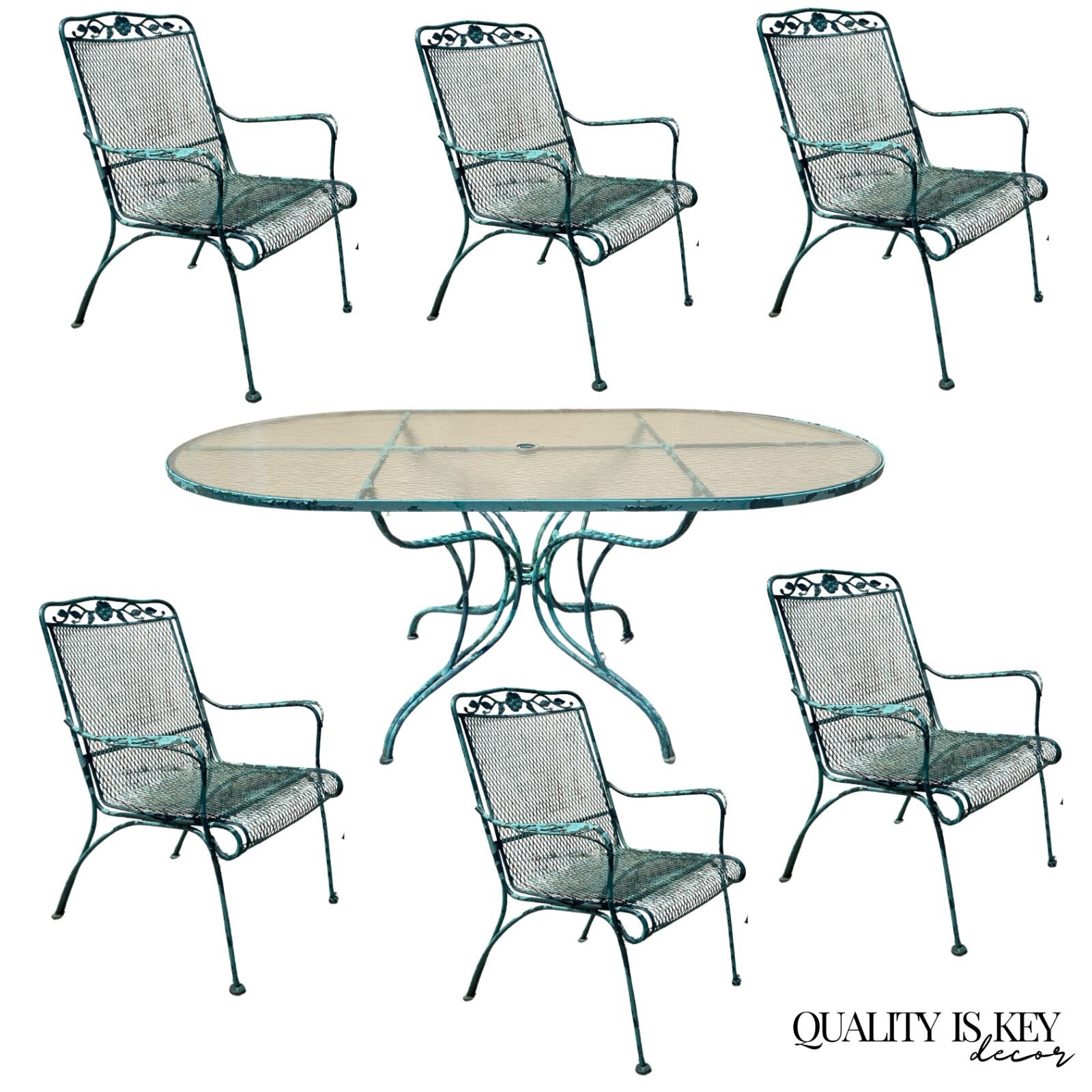 Vintage Woodard Wrought Iron Patio Dining Set w/ Long Oval Dining Table - 7 Pcs