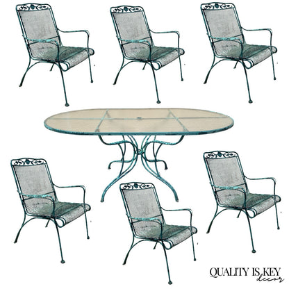 Vintage Woodard Wrought Iron Patio Dining Set w/ Long Oval Dining Table - 7 Pcs
