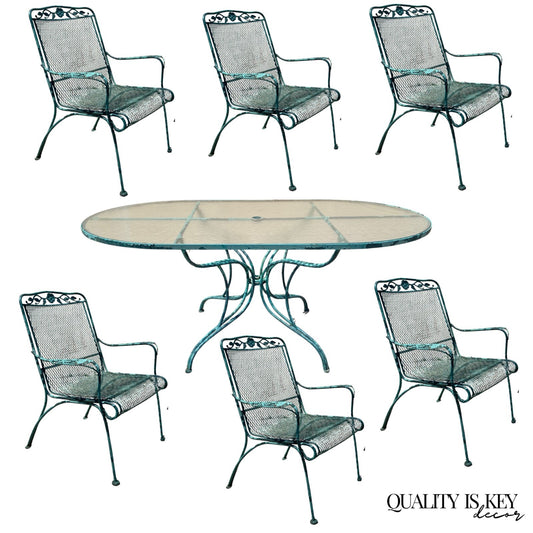 Vintage Woodard Wrought Iron Patio Dining Set w/ Long Oval Dining Table - 7 Pcs