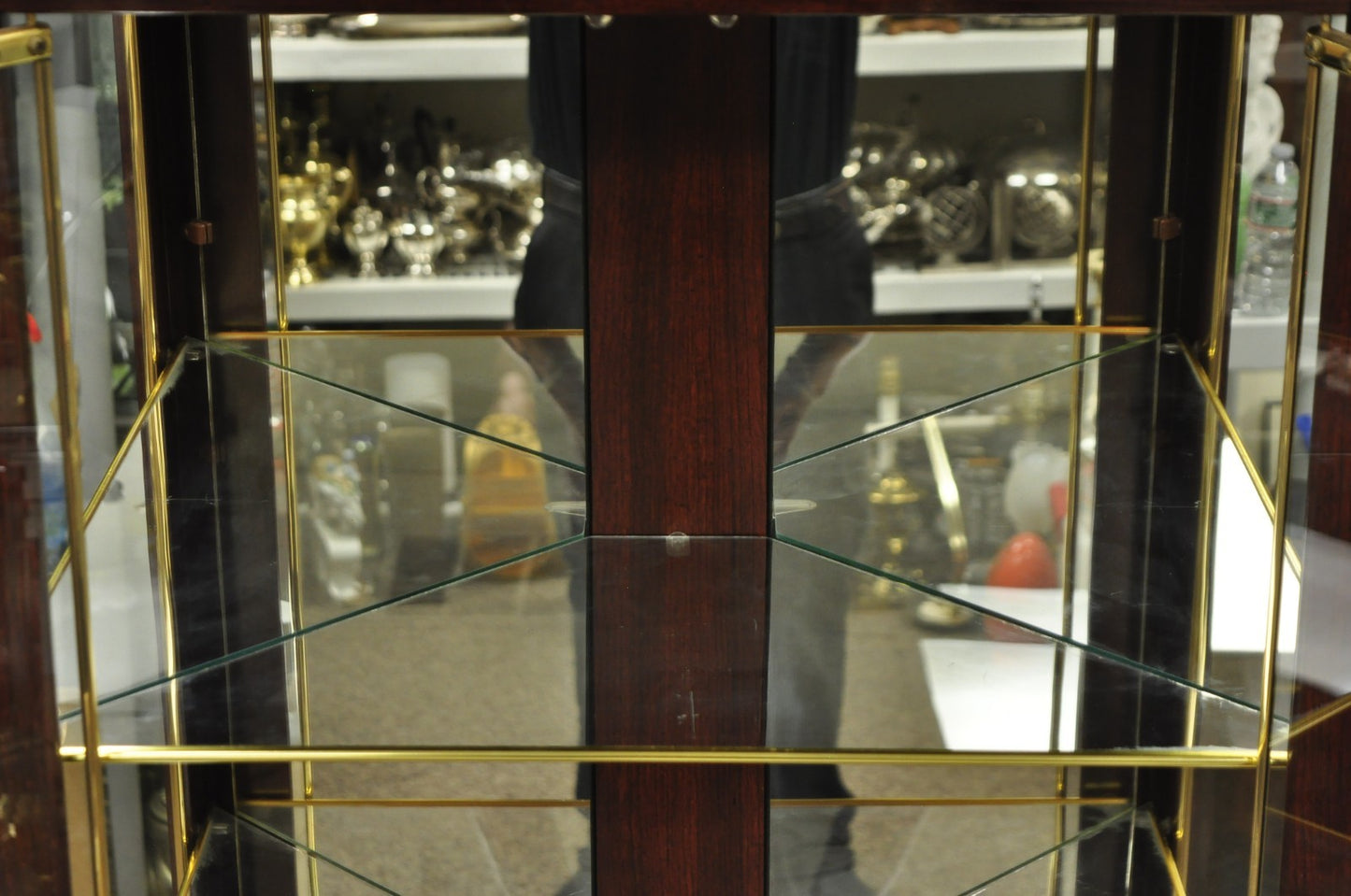 Contemporary Faux Cherry Wood Mirror Glass Corner Curio Display Case Cabinet