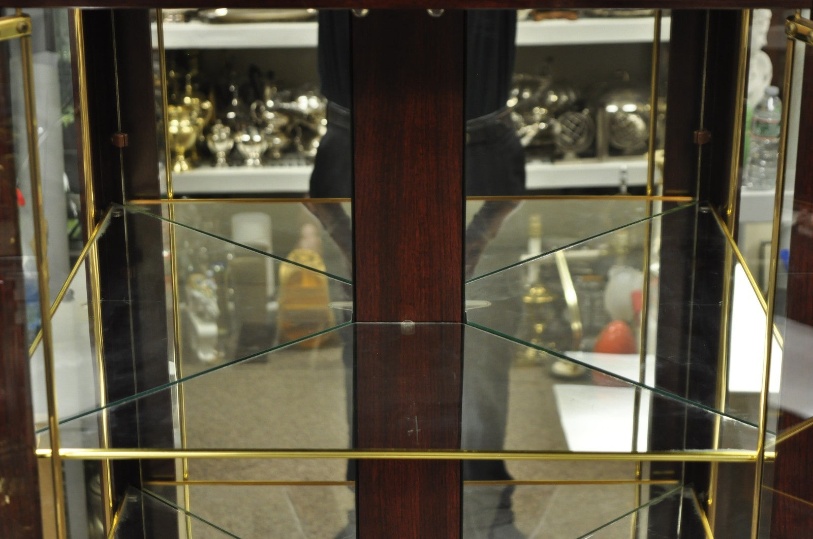 Contemporary Faux Cherry Wood Mirror Glass Corner Curio Display Case Cabinet