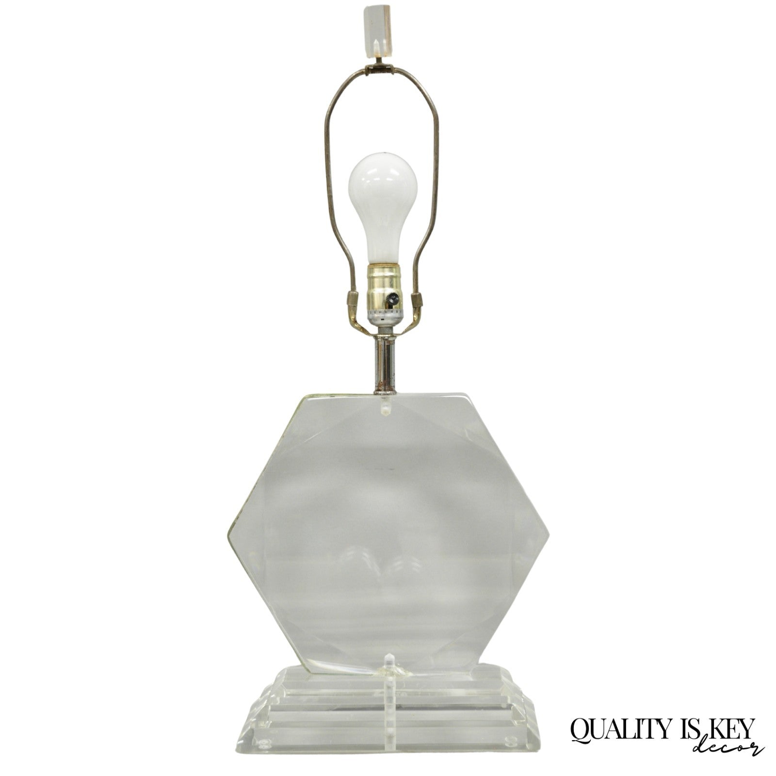 Vintage Mid Century Modern Faceted Hexagon Diamond Clear Lucite Table Lamp