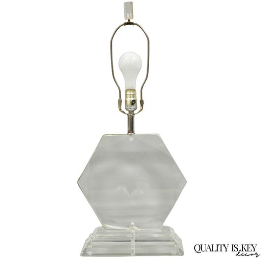 Vintage Mid Century Modern Faceted Hexagon Diamond Clear Lucite Table Lamp
