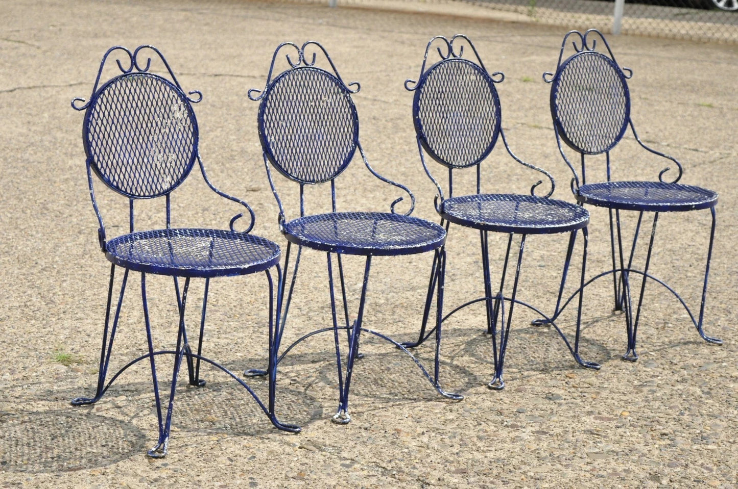 Vintage Victorian Blue Wrought Iron Small Garden Bistro Dining Chairs - Set of 4