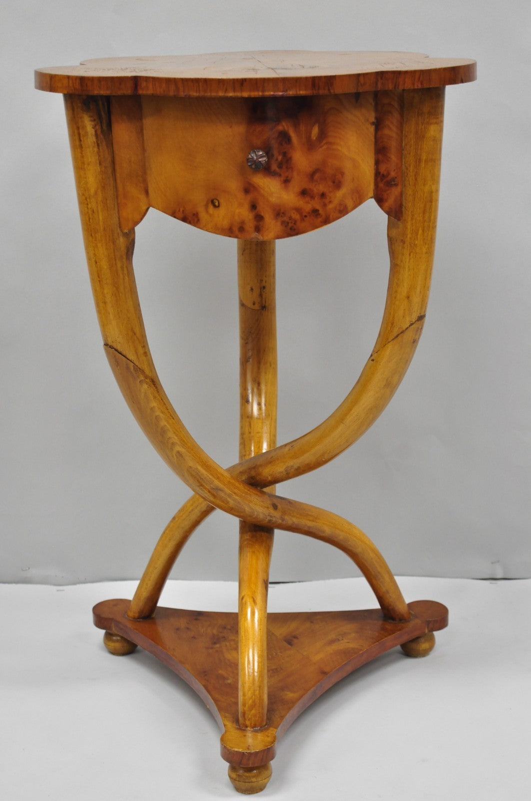 Vintage Art Deco Style Burr Walnut Curved Leg Pedestal One Drawer Side Table