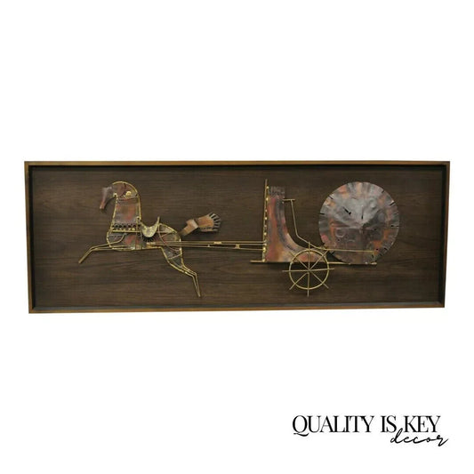 Vintage Mid Century Modern Brutalist Gilt Metal Horse & Chariot Wall Art