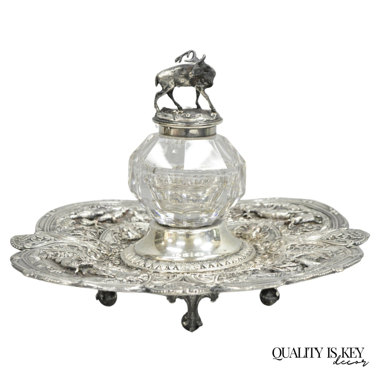 Antique English Victorian Stag Mounted Crystal Glass Inkwell Silver Plated Tray