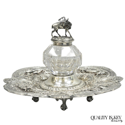 Antique English Victorian Stag Mounted Crystal Glass Inkwell Silver Plated Tray