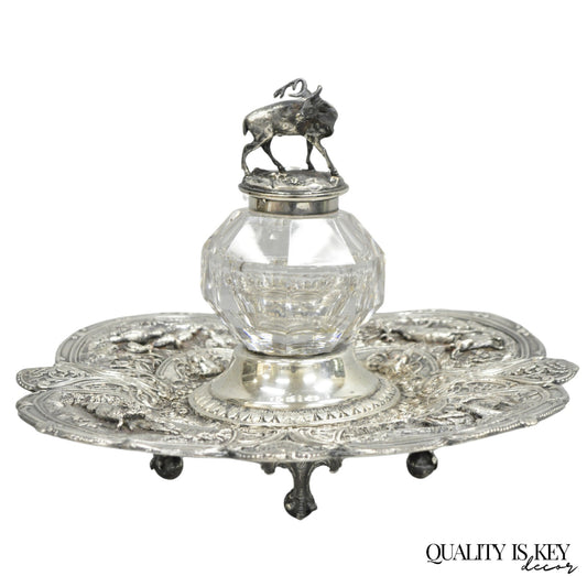 Antique English Victorian Stag Mounted Crystal Glass Inkwell Silver Plated Tray